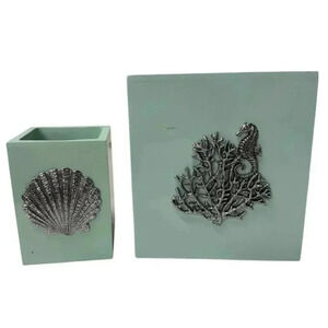Coastal Coral/Seahorse Tissue Box Cover & Seashell Toothbrush Cup Aqua